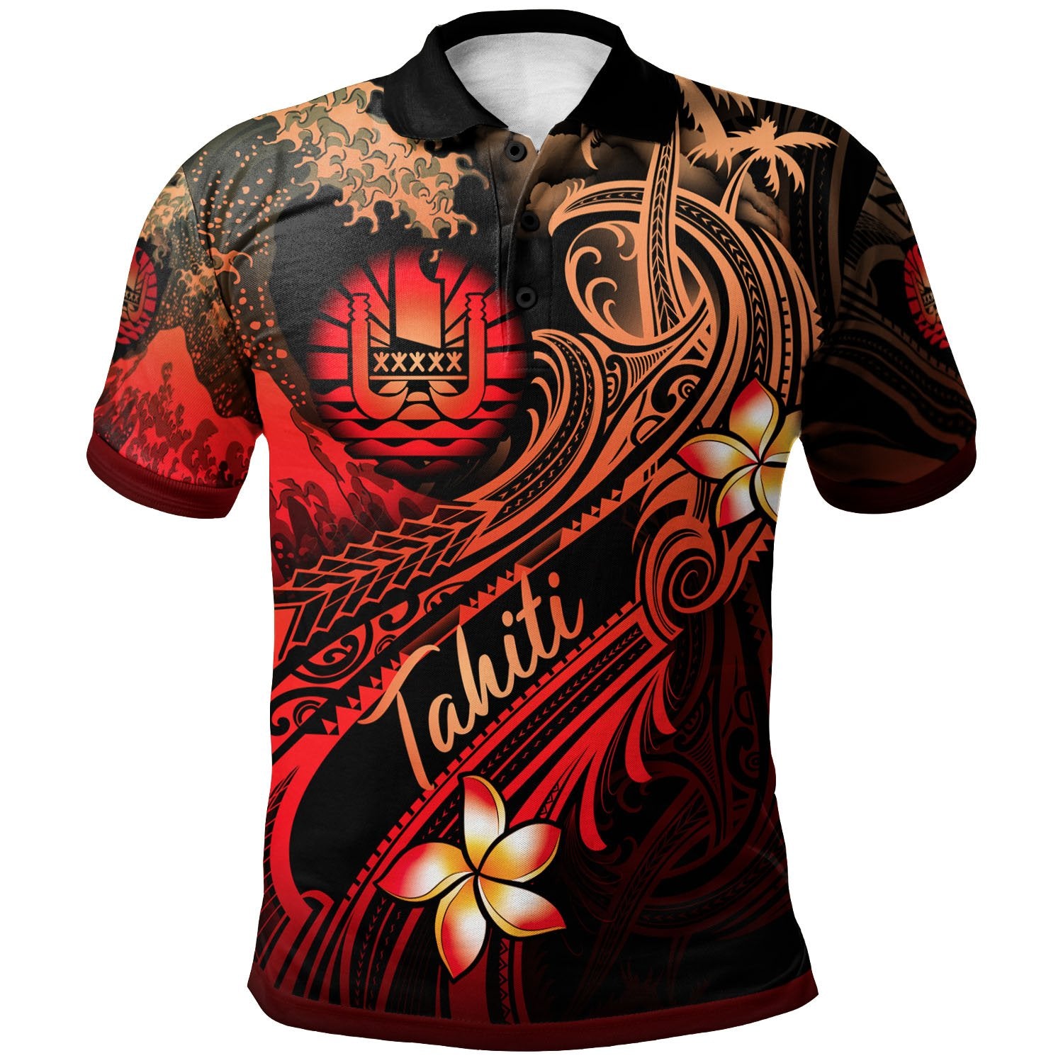 Tahiti Polynesian Polo Shirt Plumeria Flowers and Waves Unisex Red - Polynesian Pride