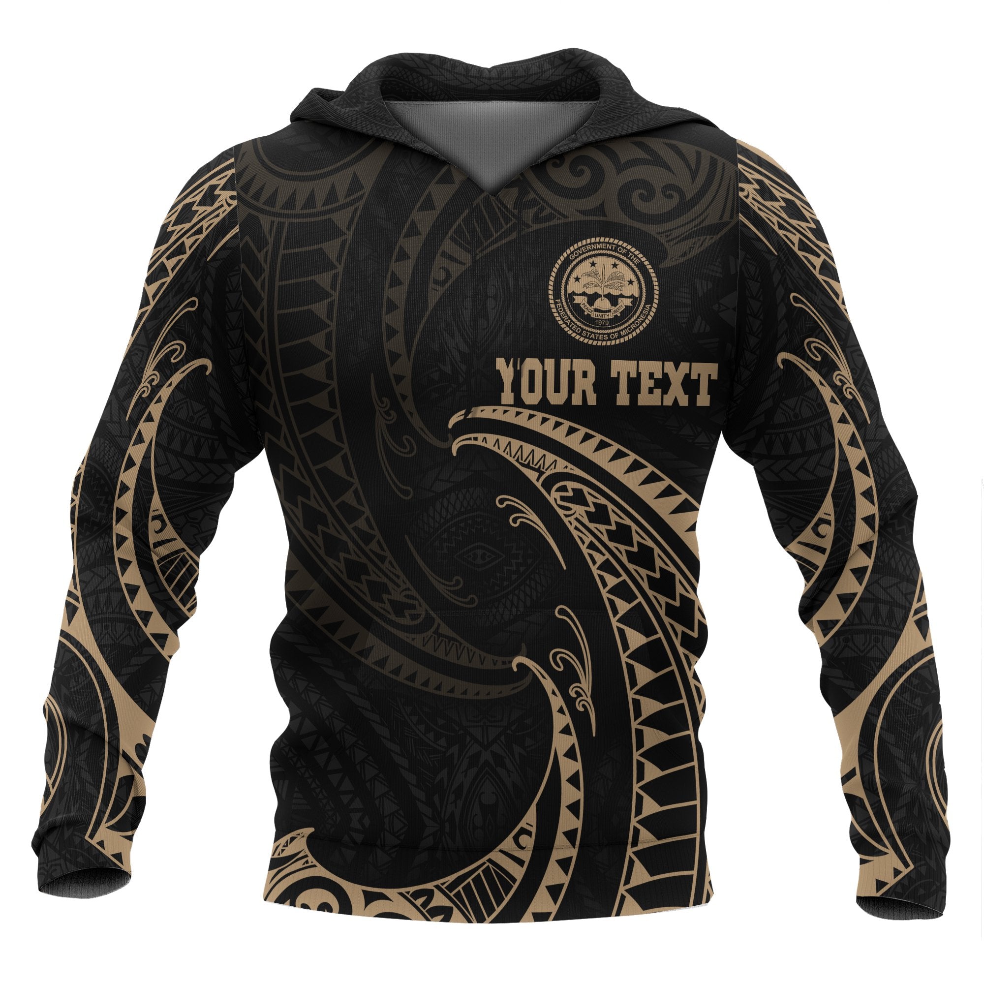 Federated States of Micronesia ll Custom Over Hoodie Gold Tribal Wave Unisex Black - Polynesian Pride