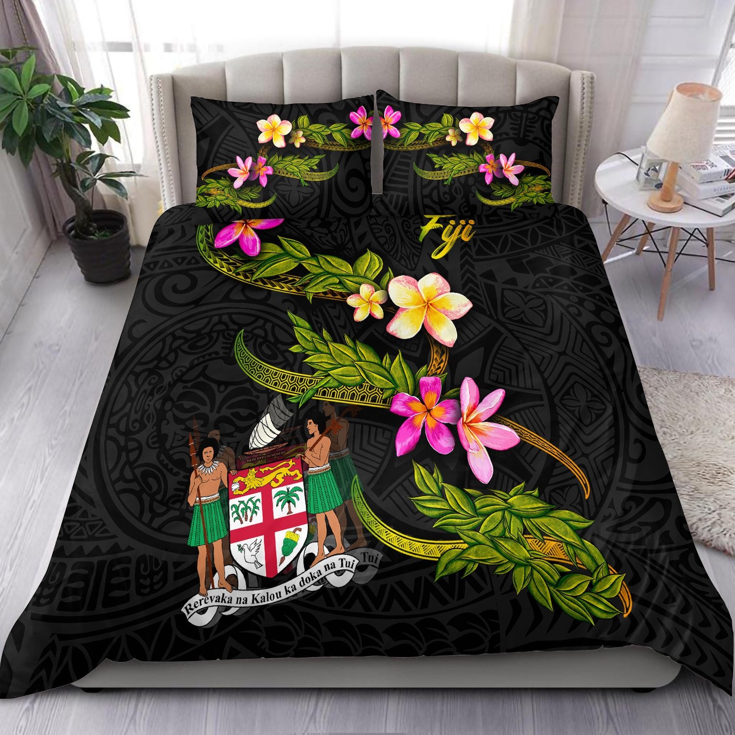 Fiji Polynesian Bedding Set - Plumeria Tribal Black - Polynesian Pride