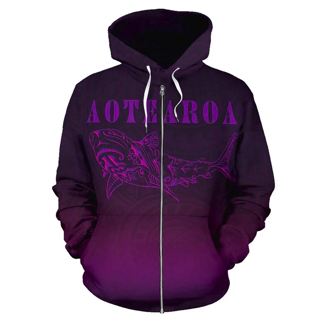 Maori Shark Aotearoa Zip Hoodie Purple Unisex Purple - Polynesian Pride