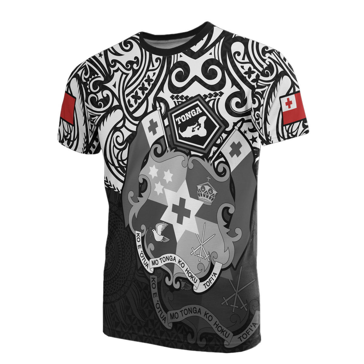 Tonga Pride T Shirt Tongan Flag Coat of Arms Polynesian Tattoo (White Black) Unisex WHITE - Polynesian Pride