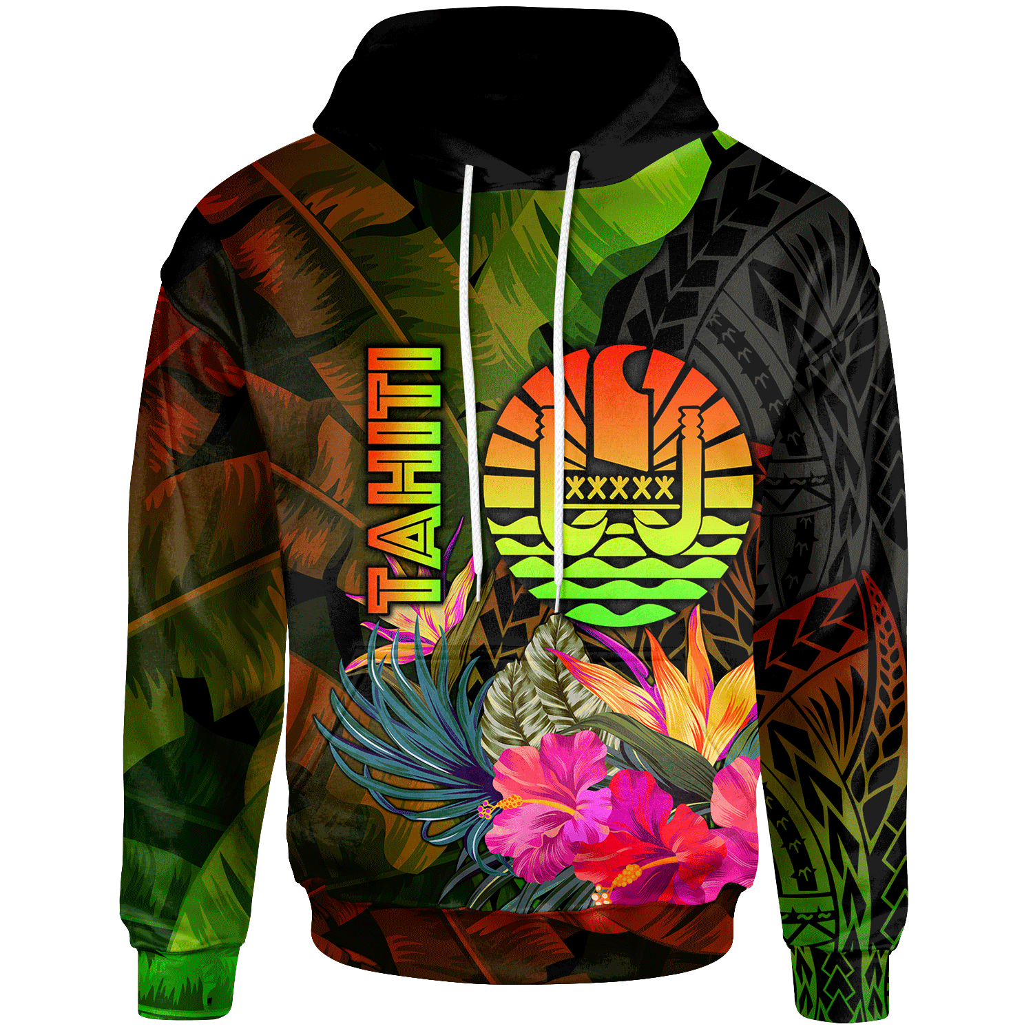 Tahiti Polynesian Hoodie Hibiscus and Banana Leaves Unisex Reggae - Polynesian Pride