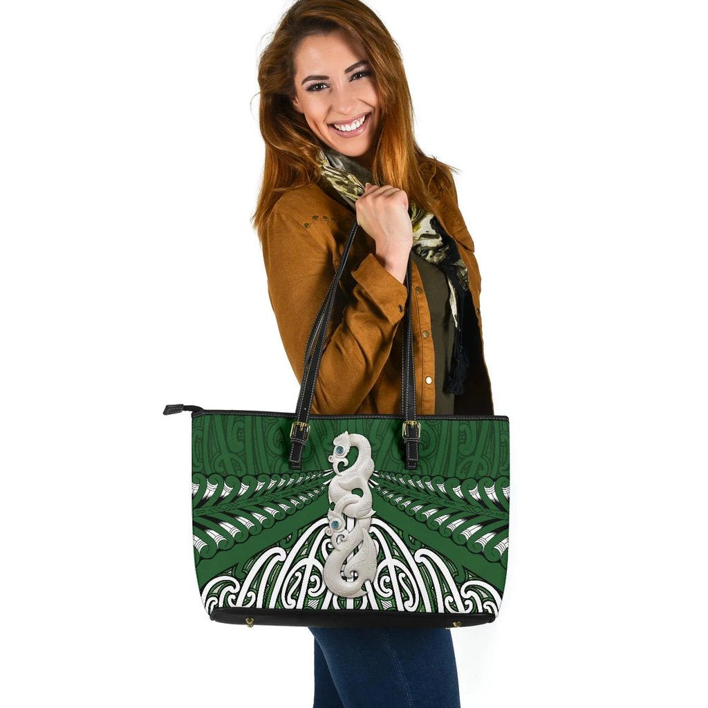 Maori Moko Tattoo Large Leather Tote, Manaia Pounamu Green - Polynesian Pride