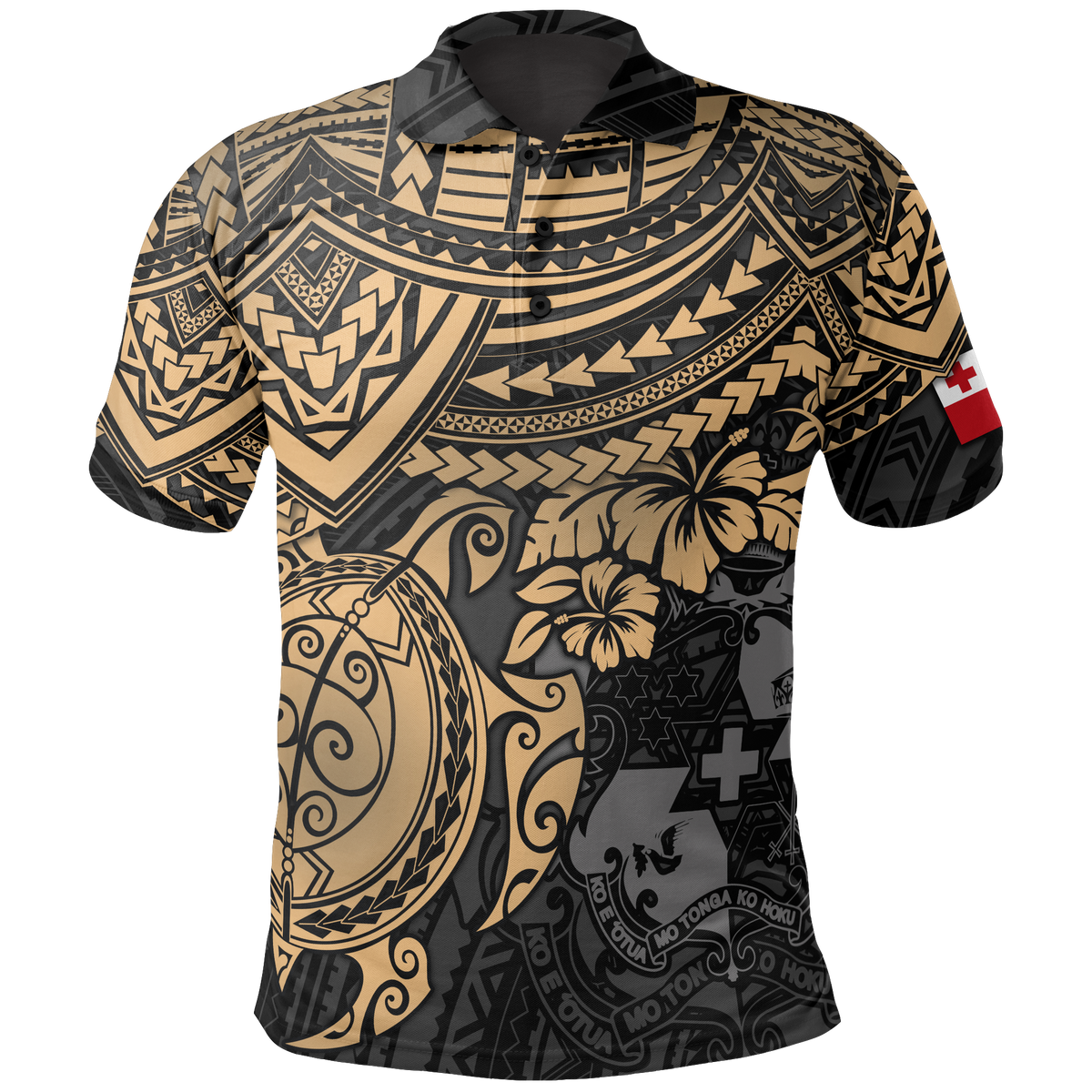 Tonga Polo Shirt Tongan Flag Coat Coat Of Arms Golden Turtle Hibiscus Unisex BLACK - Polynesian Pride