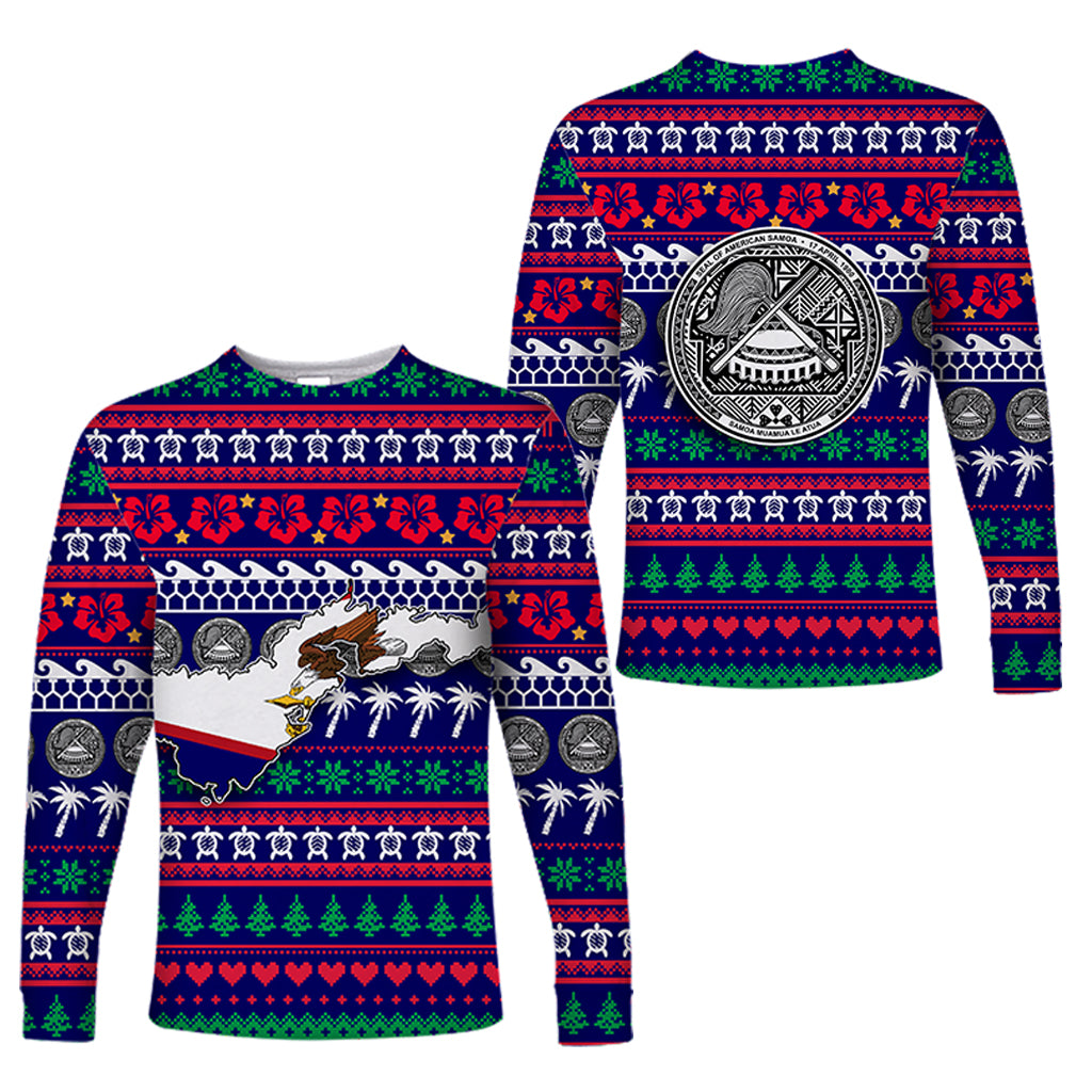 American Samoa Christmas Long Sleeve Shirt - Ugly Christmas - LT12 Unisex Blue - Polynesian Pride