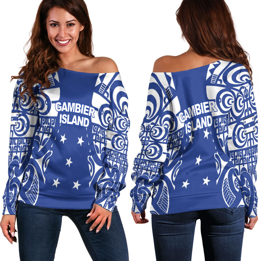 Gambier Islands Tribal Tattoo Women Off Shoulder Sweater - LT12 Blue - Polynesian Pride