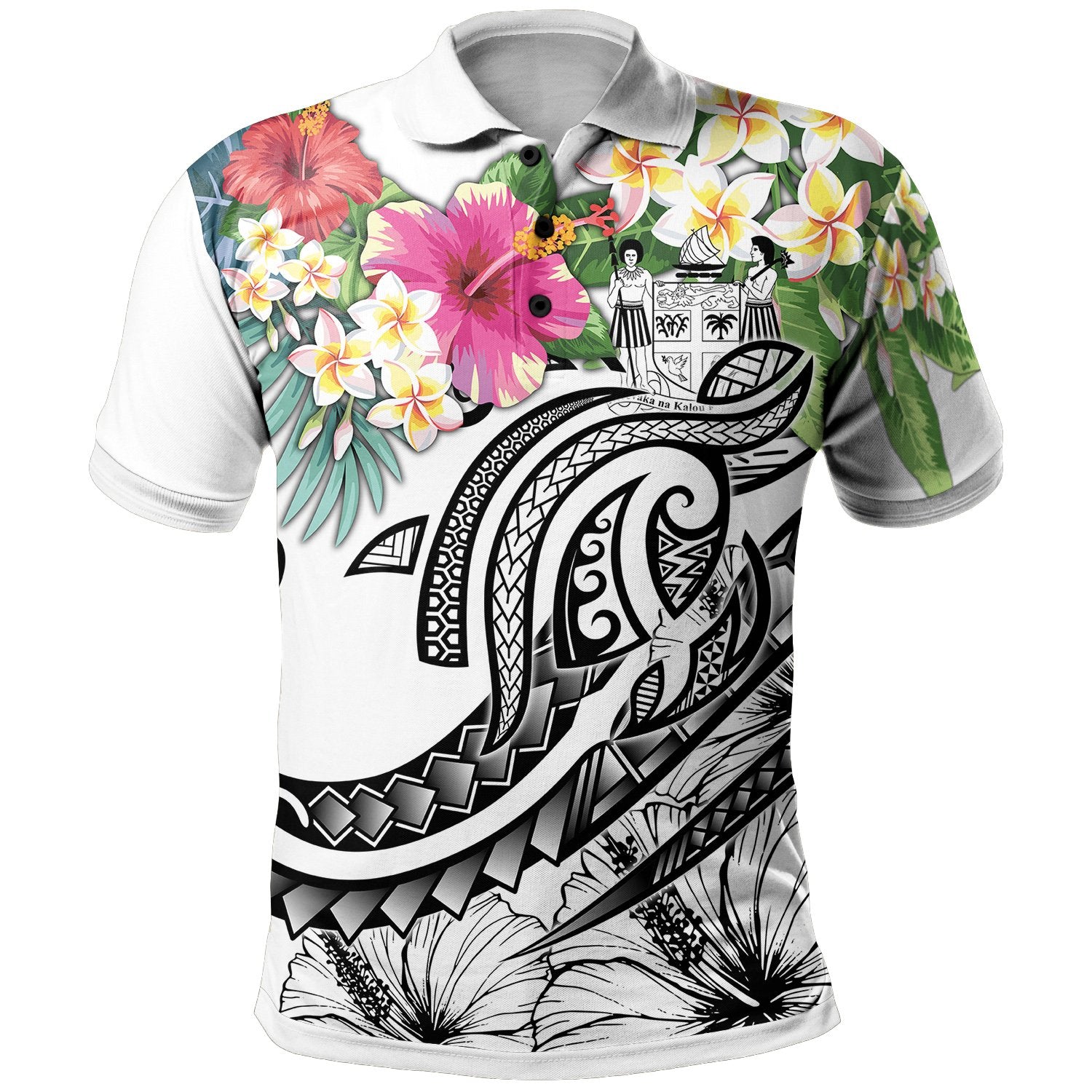 Fiji Polynesian Polo Summer Plumeria (White) Unisex White - Polynesian Pride