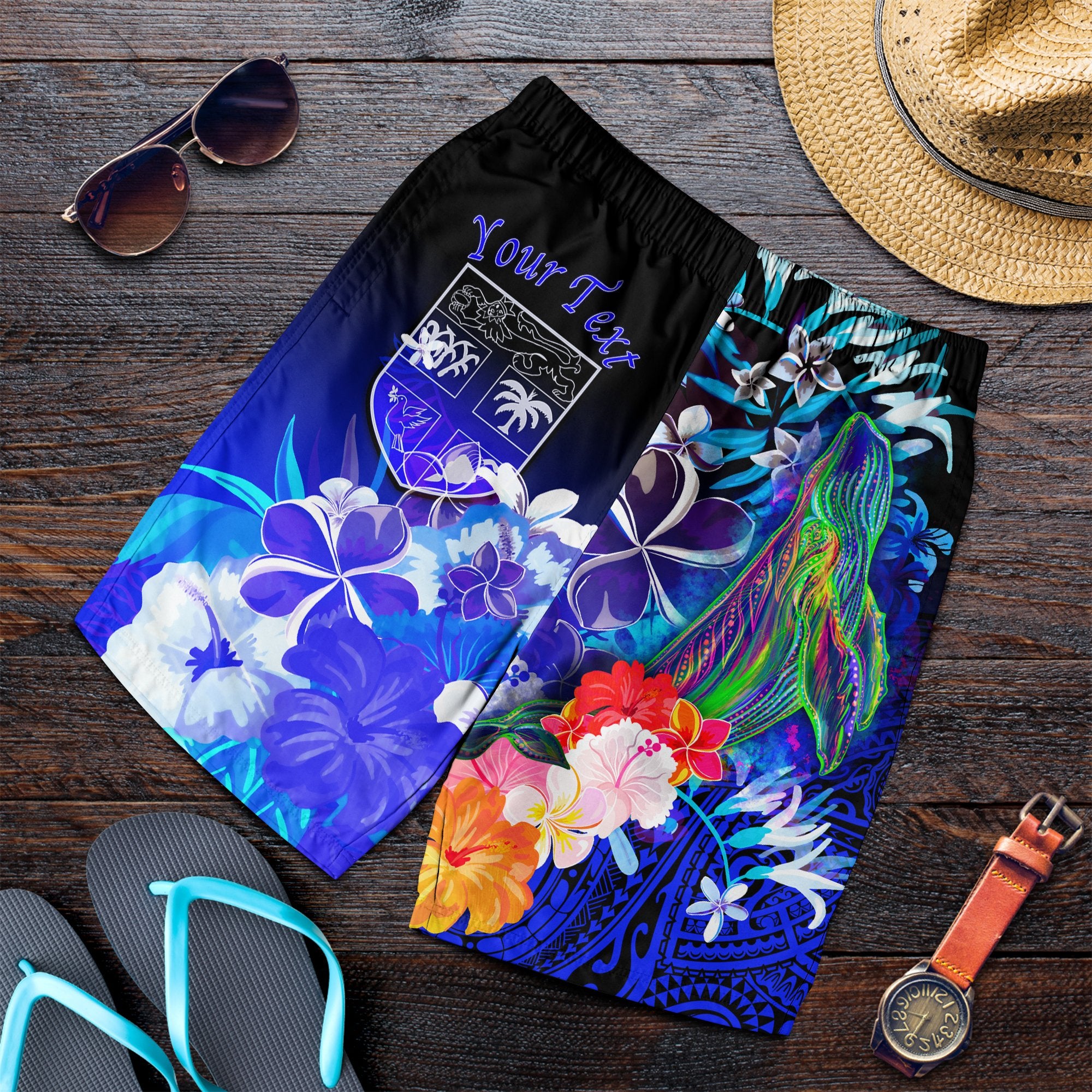 Fiji Custom Personalised Men's Shorts - Humpback Whale with Tropical Flowers (Blue) Blue - Polynesian Pride