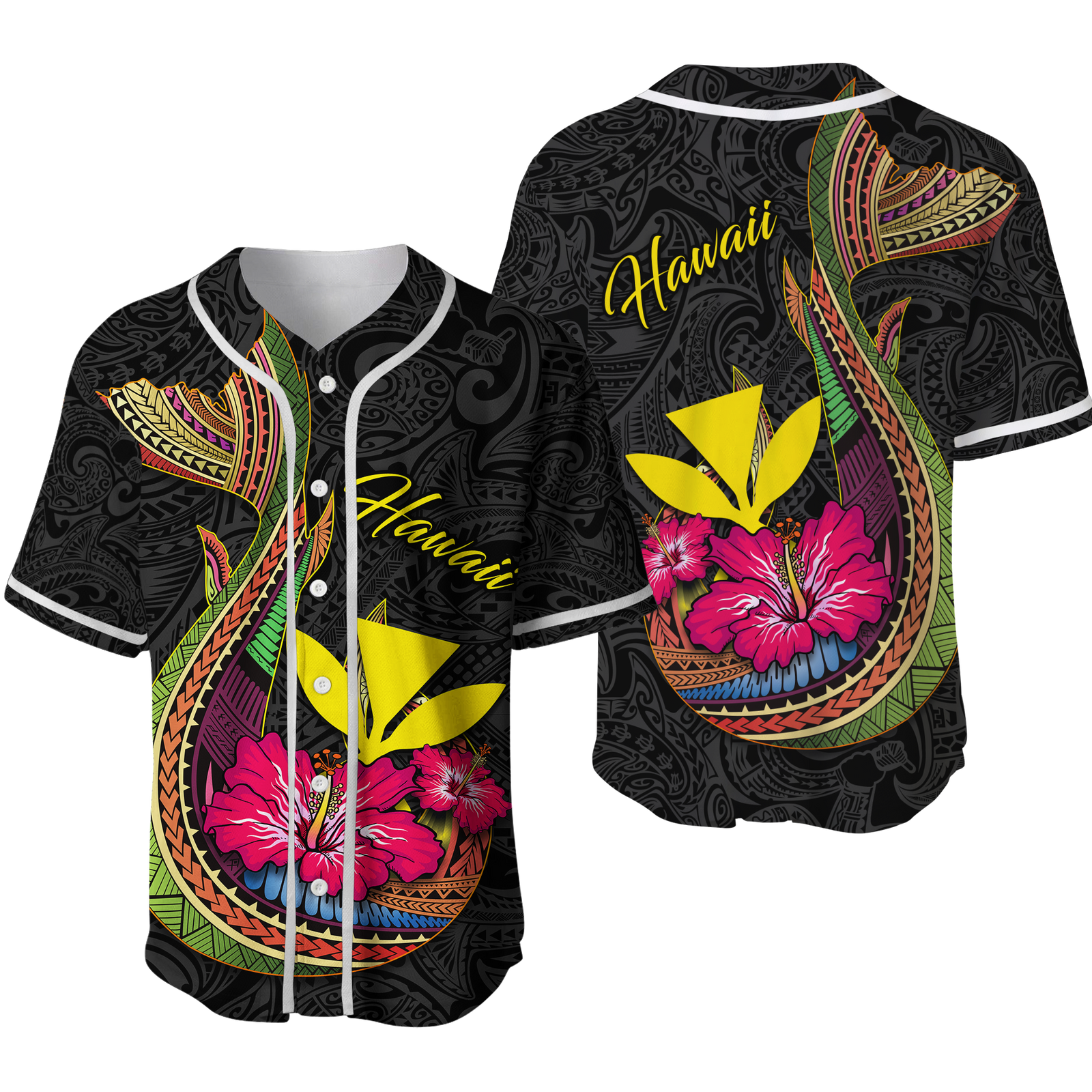 Hawaii Polynesian Fish Hook Hibiscus Baseball Jersey - LT12 Unisex Black - Polynesian Pride