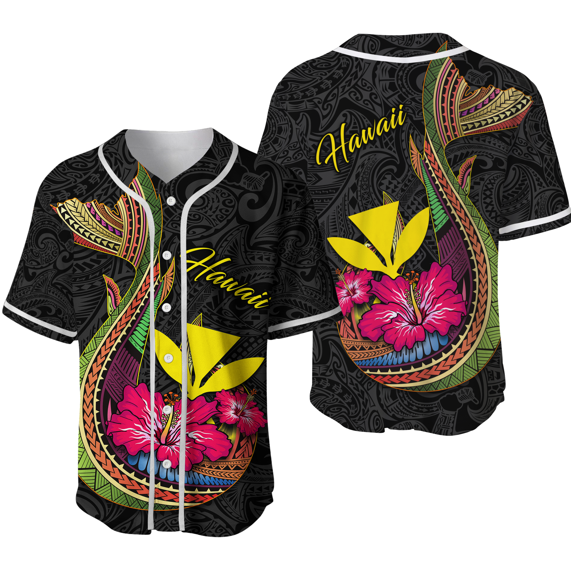 Hawaii Polynesian Fish Hook Hibiscus Baseball Jersey - LT12 Unisex Black - Polynesian Pride