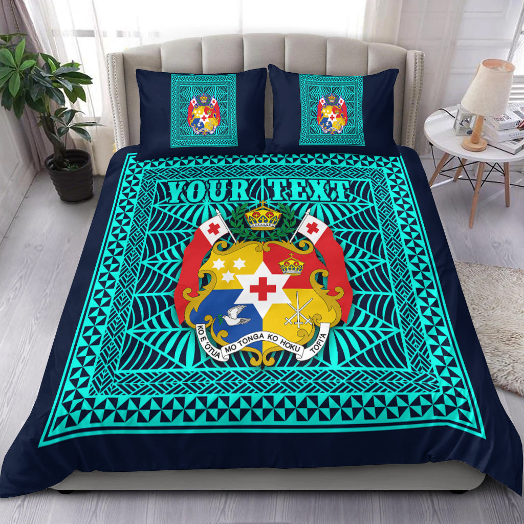 (Custom Personalised) Tonga Pattern Bedding Set Coat of Arms - Navy and Turquoise LT4 Turquoise - Polynesian Pride