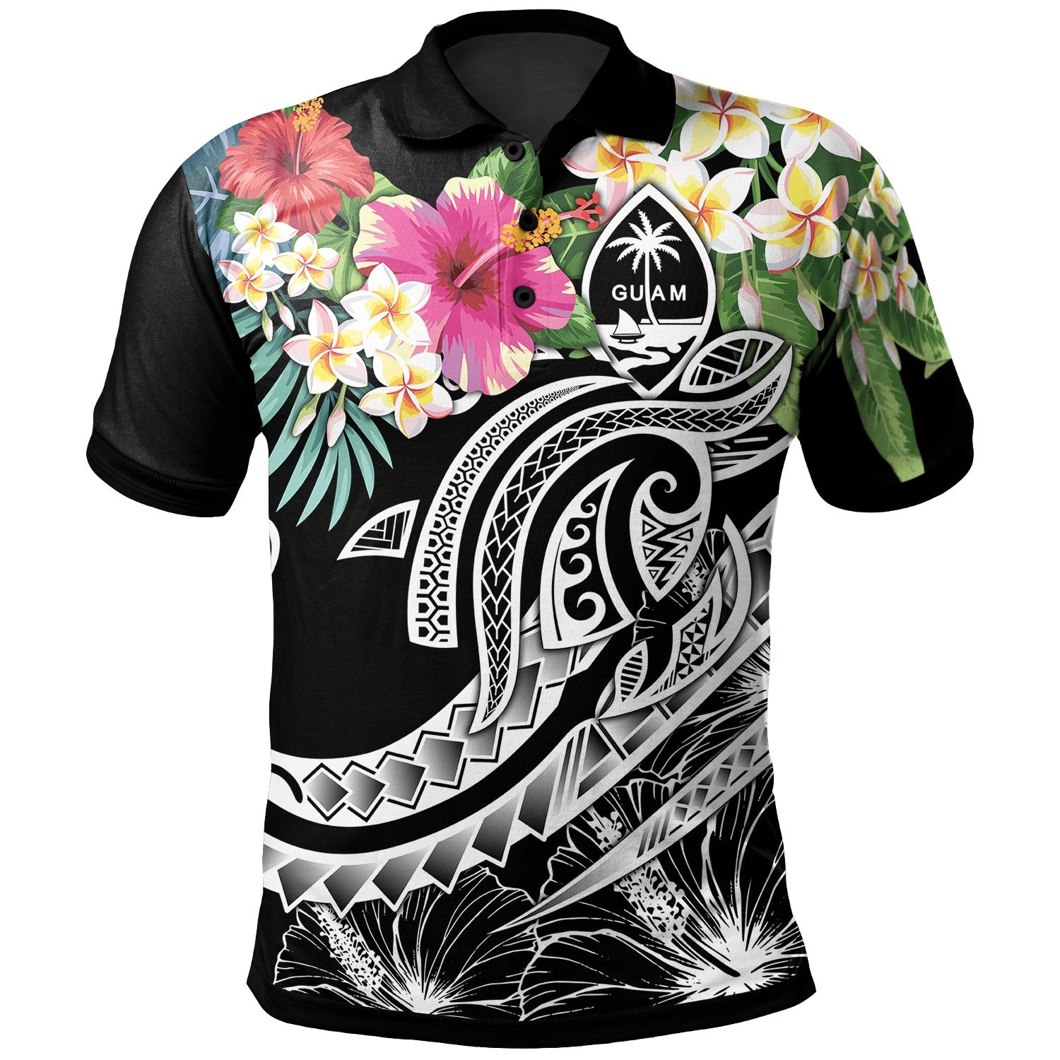 Guam Polynesian Polo Summer Plumeria (Black) Unisex Black - Polynesian Pride