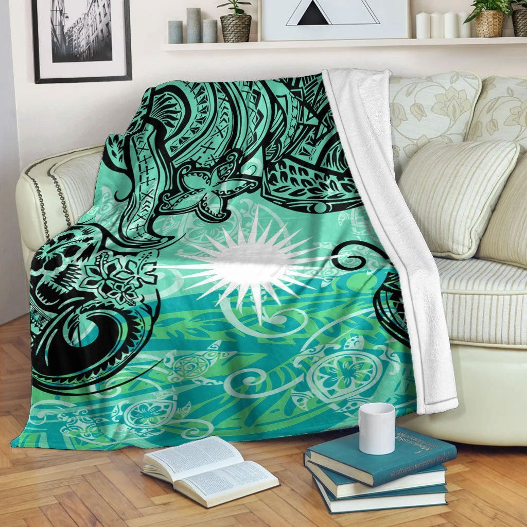 Marshall Islands Premium Blanket - Vintage Floral Pattern Green Color White - Polynesian Pride