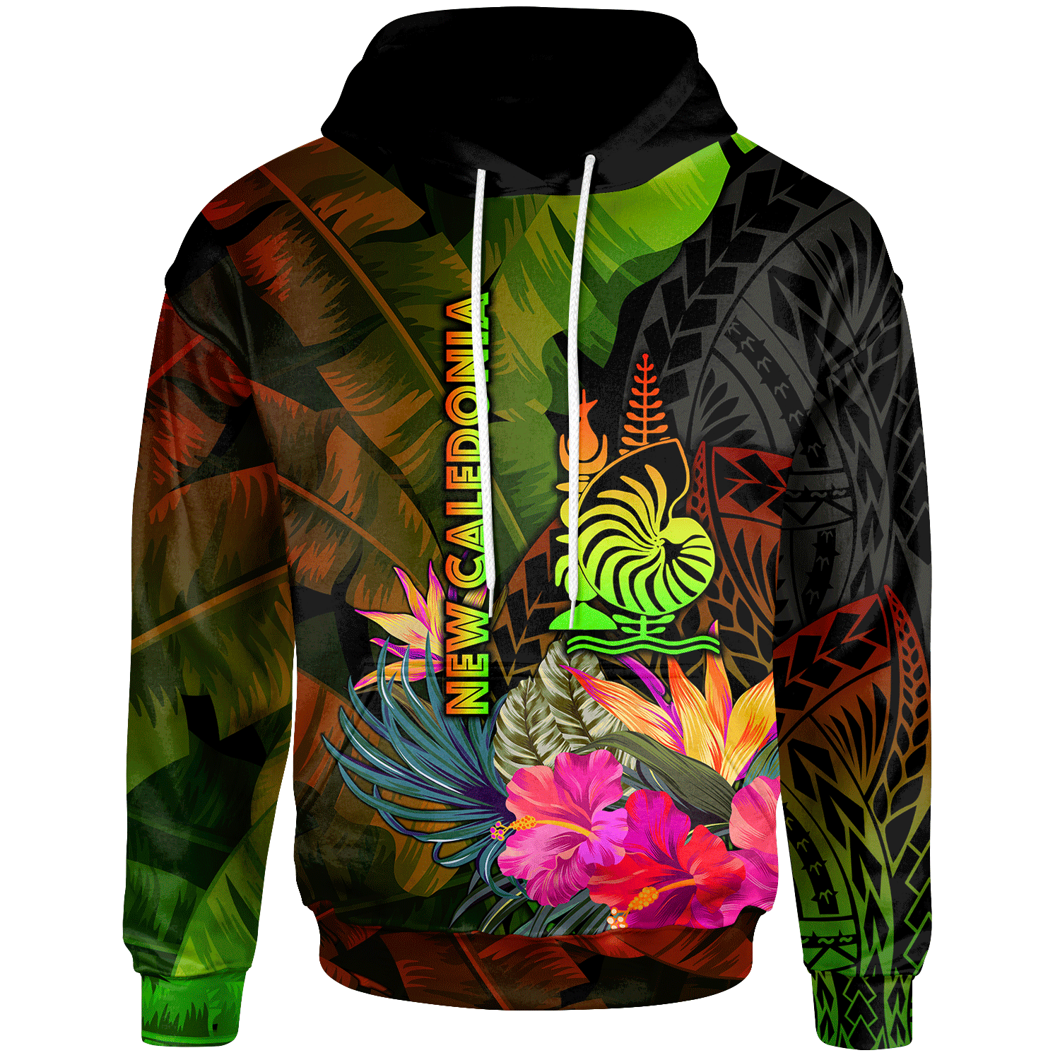 New Caledonia Polynesian Hoodie Hibiscus and Banana Leaves Unisex Reggae - Polynesian Pride