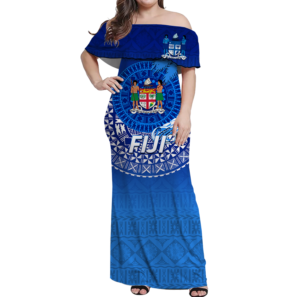 Fiji Tapa Tribal Coconut Tree Off Shoulder Long Dress - LT12 Long Dress Blue - Polynesian Pride