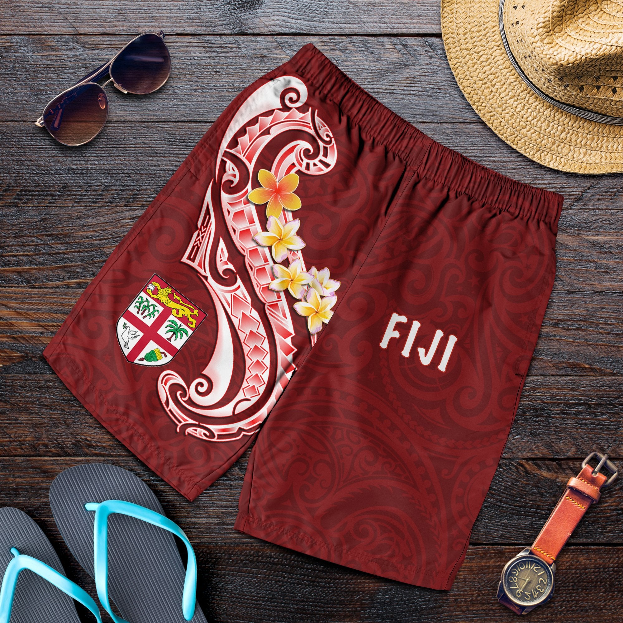 Fiji Men's Short - Fiji Seal Polynesian Patterns Plumeria (Red) - Polynesian Pride