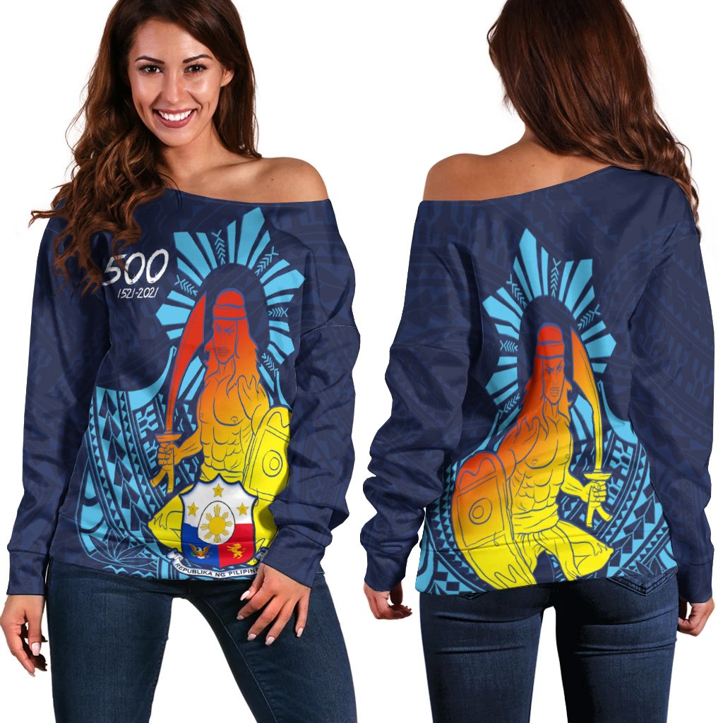 Philippines Women's Off Shoulder Sweater - King Lapu Lapu Blue - Polynesian Pride