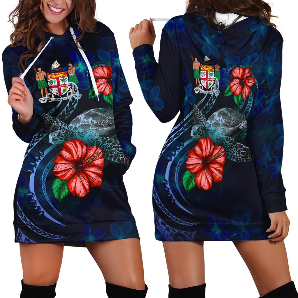 Fiji Polynesian Hoodie Dress - Blue Turtle Hibiscus Blue - Polynesian Pride