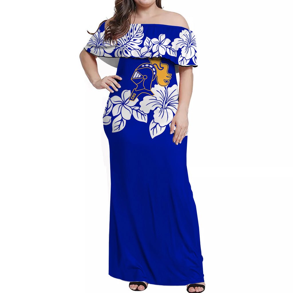 Castle High School Hibiscus Flower Off Shoulder Dress Ver01 - LT12 Long Dress Blue - Polynesian Pride