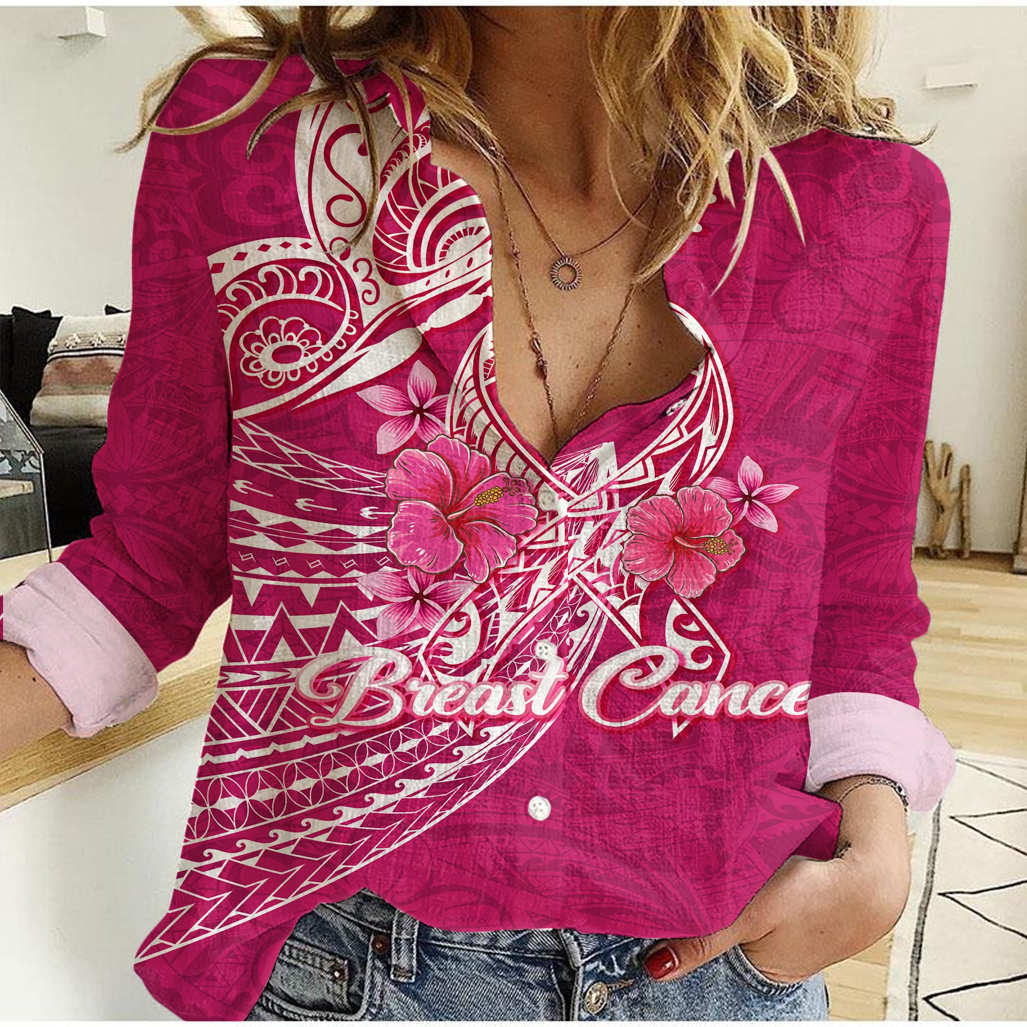 Breast Cancer Pink Ribbon Butterfly Polynesian Pink Version Women Casual Shirt - LT12 Female Pink - Polynesian Pride