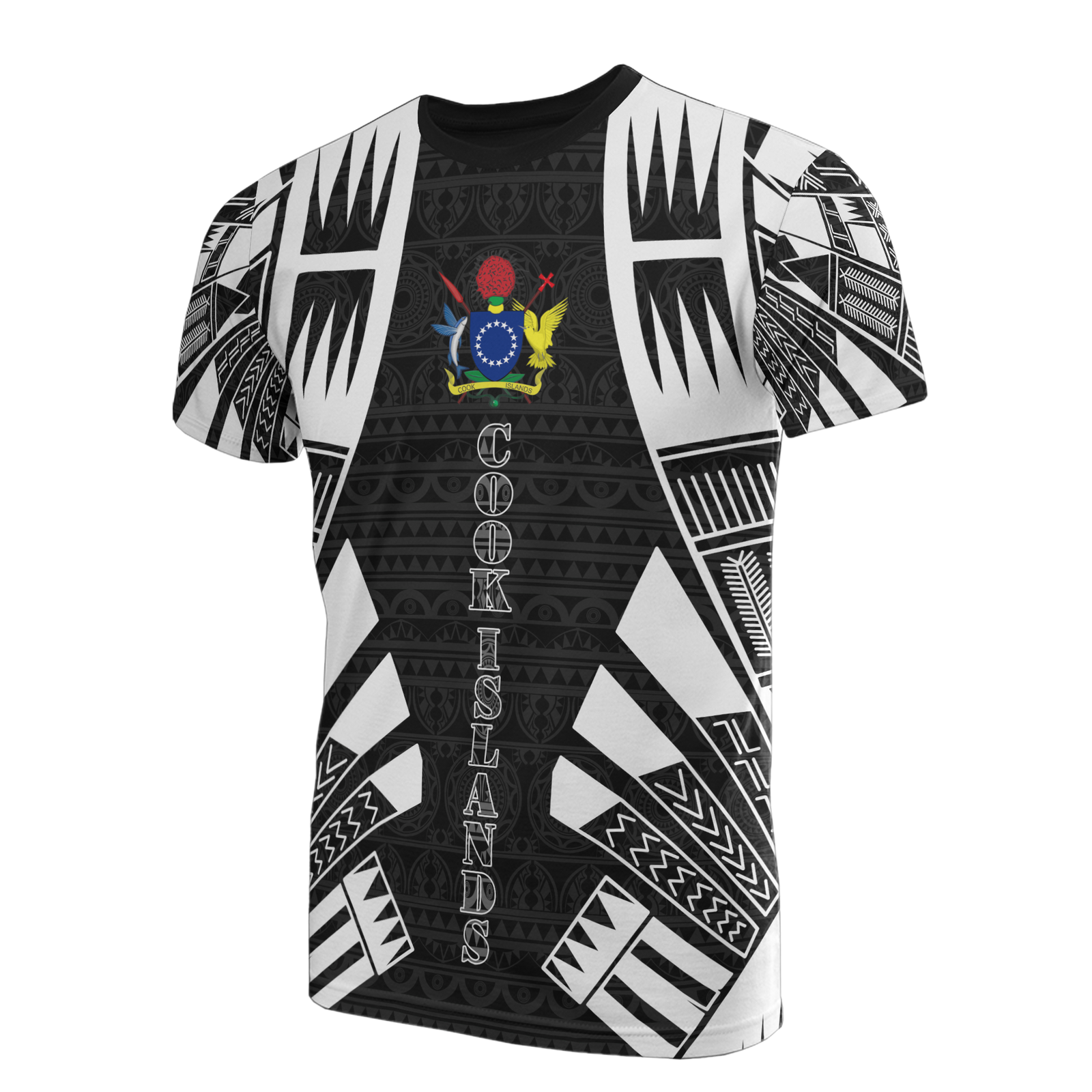 Cook Islands T Shirt Polynesian Coat of Arms Polynesian Tattoo Style Unisex Black - Polynesian Pride