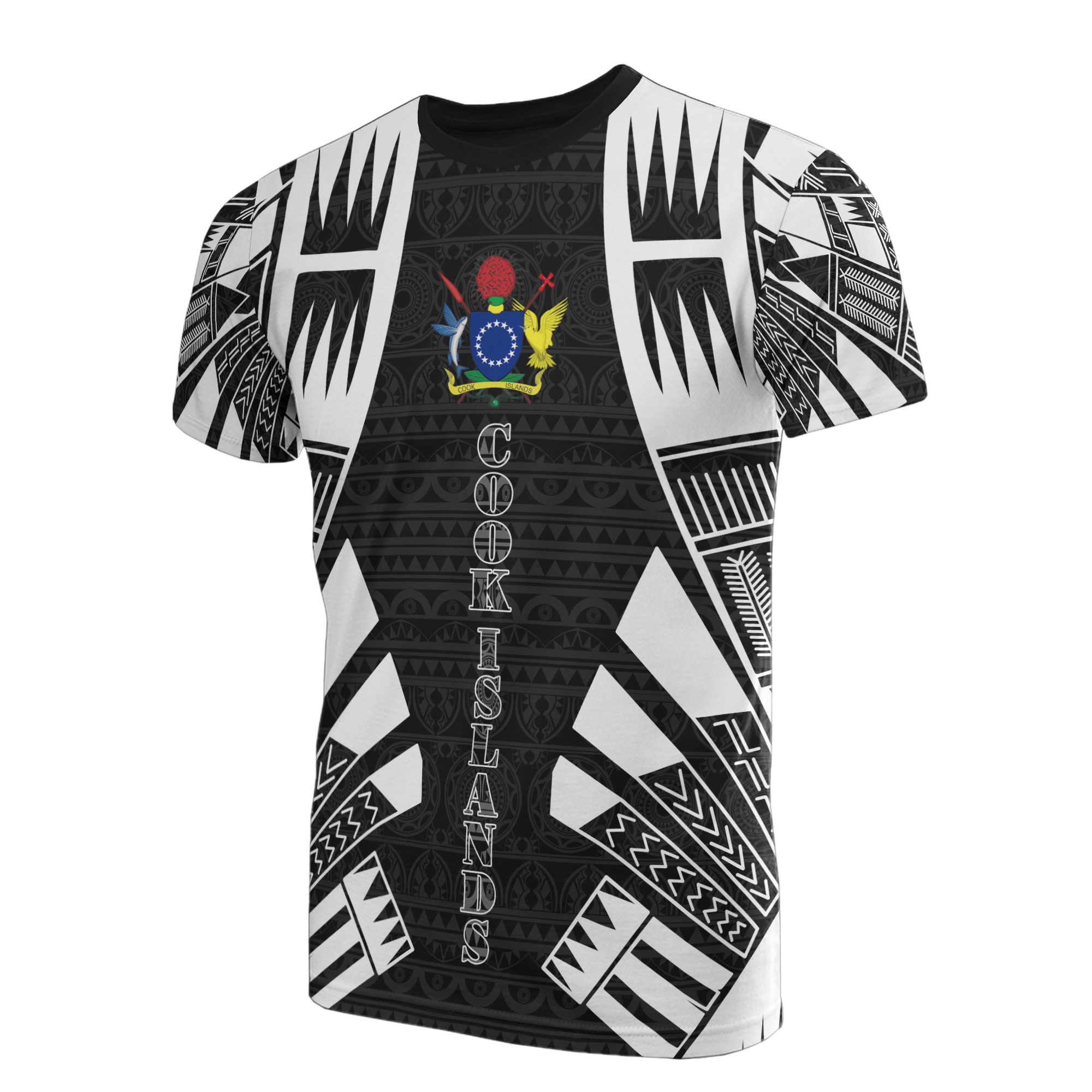 Cook Islands T Shirt Polynesian Coat of Arms Polynesian Tattoo Style Unisex Black - Polynesian Pride
