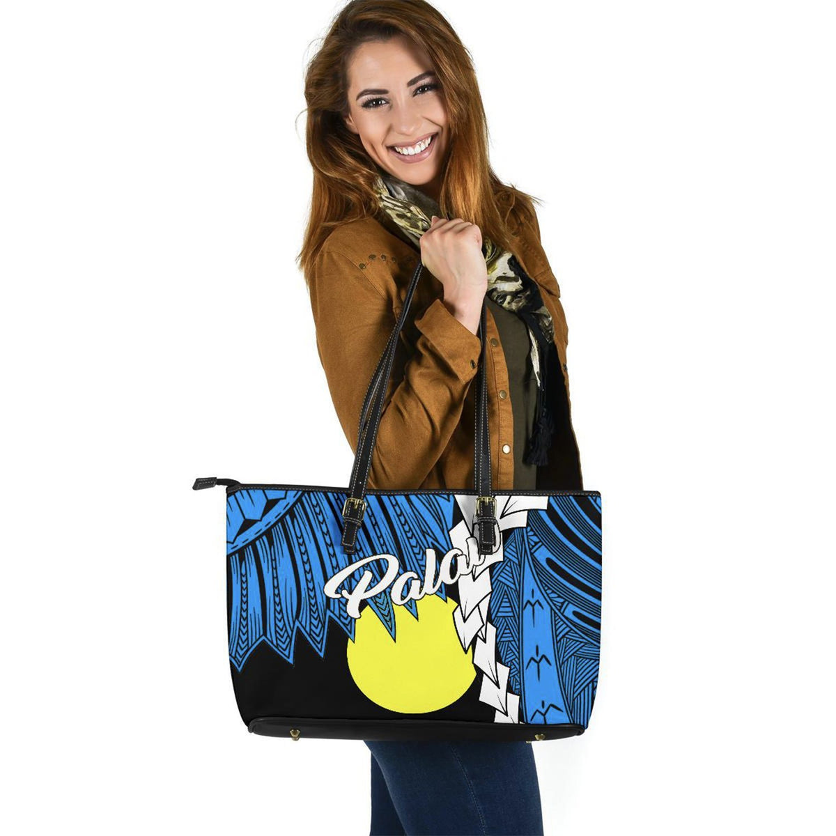 Palau Polynesian Leather Tote Bag - Tribal Wave Tattoo Flag Style - Polynesian Pride