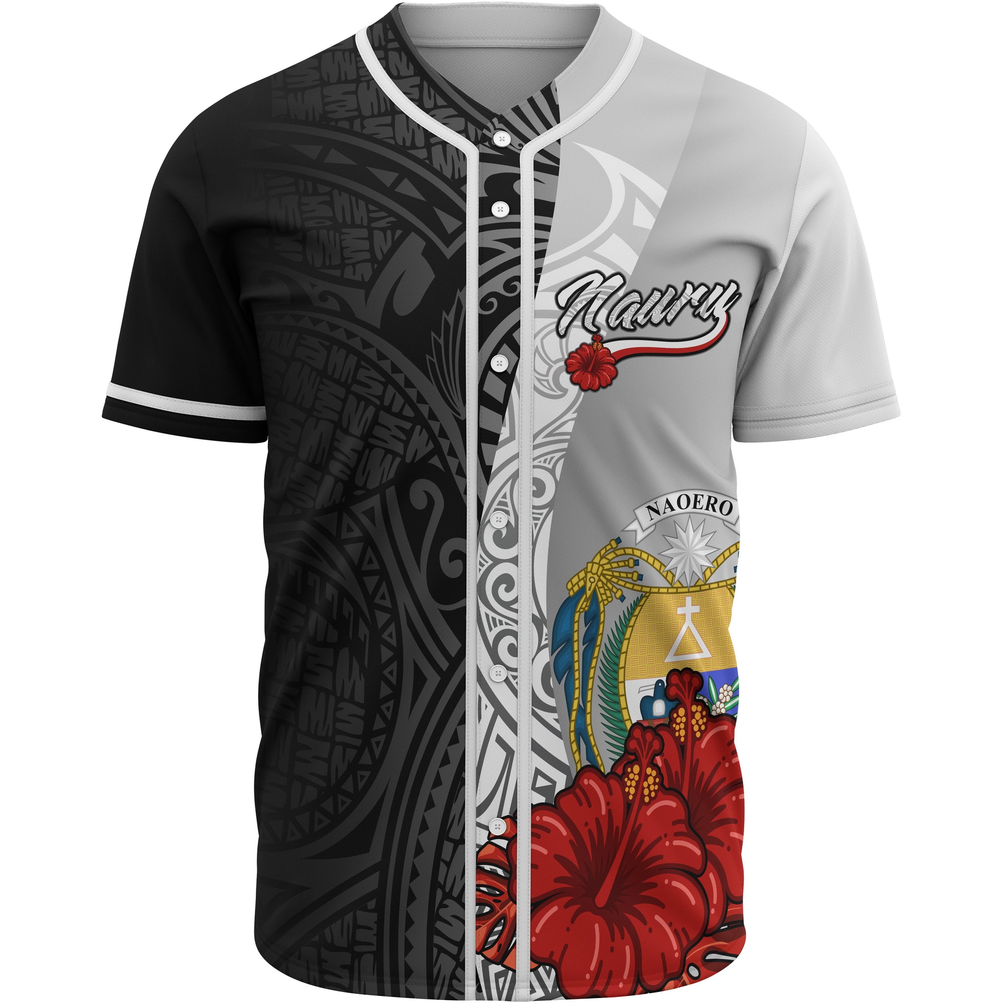 Nauru Polynesian Baseball Shirt - Coat Of Arm With Hibiscus White Unisex White - Polynesian Pride