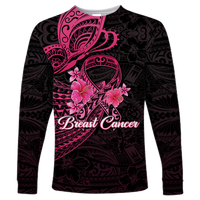 (Custom Personalised) Breast Cancer Pink Ribbon Butterfly Polynesian Black Version Long Sleeve Shirt - LT12 Unisex Black - Polynesian Pride