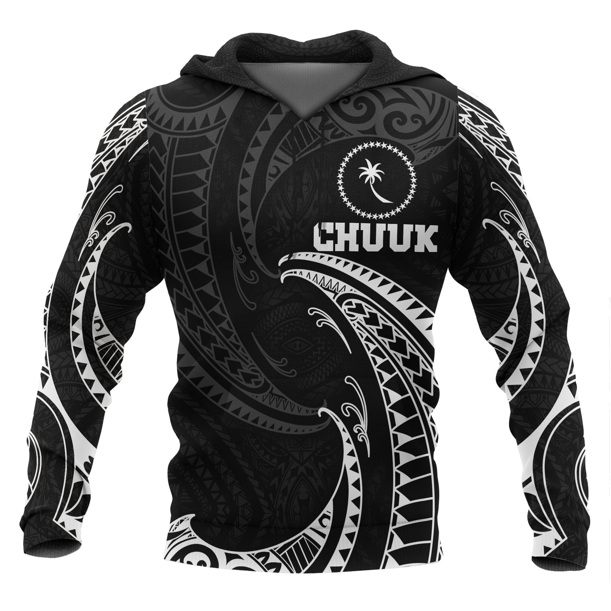 Chuuk Micronesia Hoodie White Tribal Wave Unisex Black - Polynesian Pride