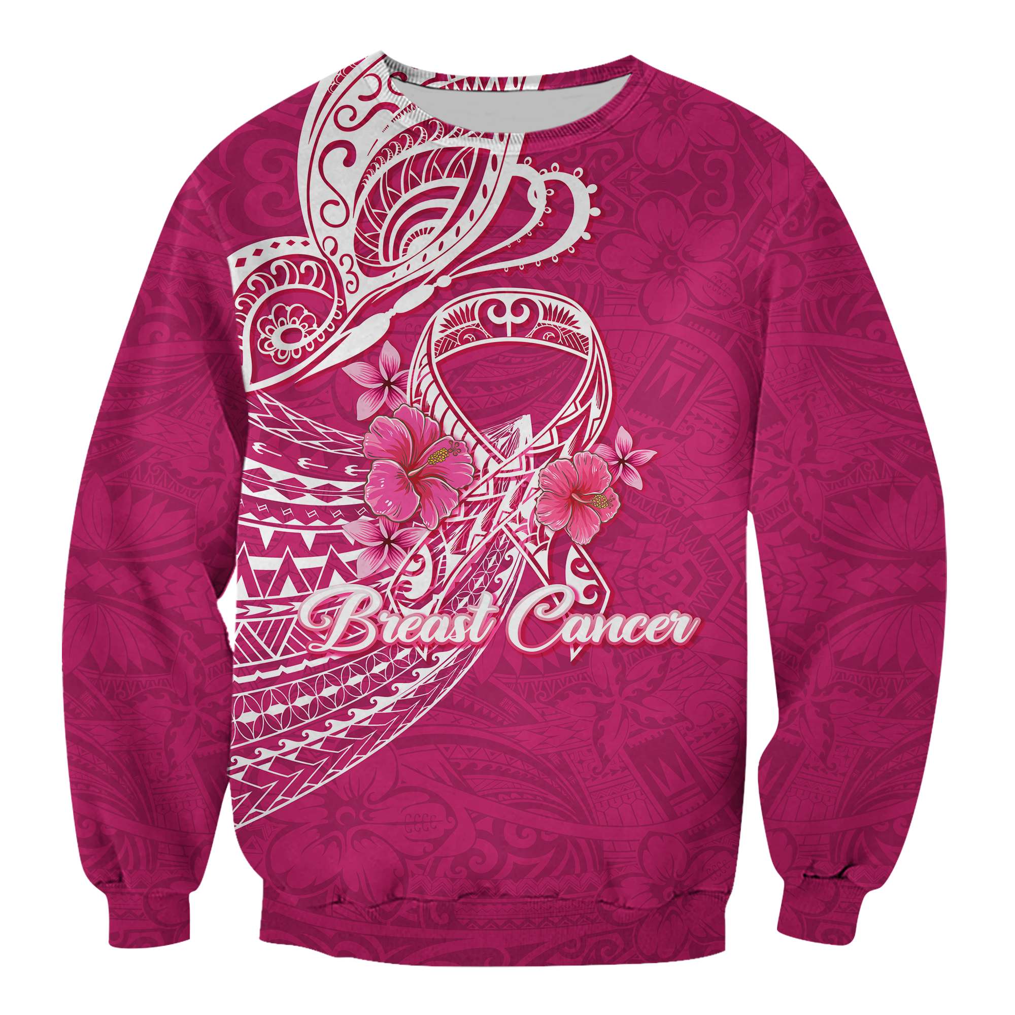 Breast Cancer Pink Ribbon Butterfly Polynesian Pink Version Sweatshirt - LT12 Unisex Pink - Polynesian Pride