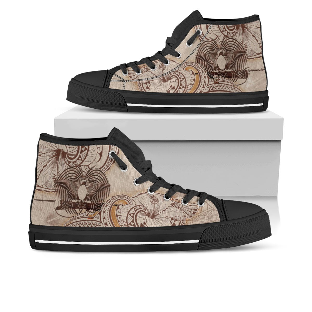 Papua New Guinea High Top Shoes - Hibiscus Flowers Vintage Style Unisex Black - Polynesian Pride