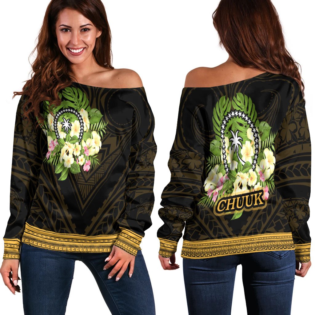 Chuuk State Women's Off Shoulder Sweater - Polynesian Gold Patterns Collection Black - Polynesian Pride