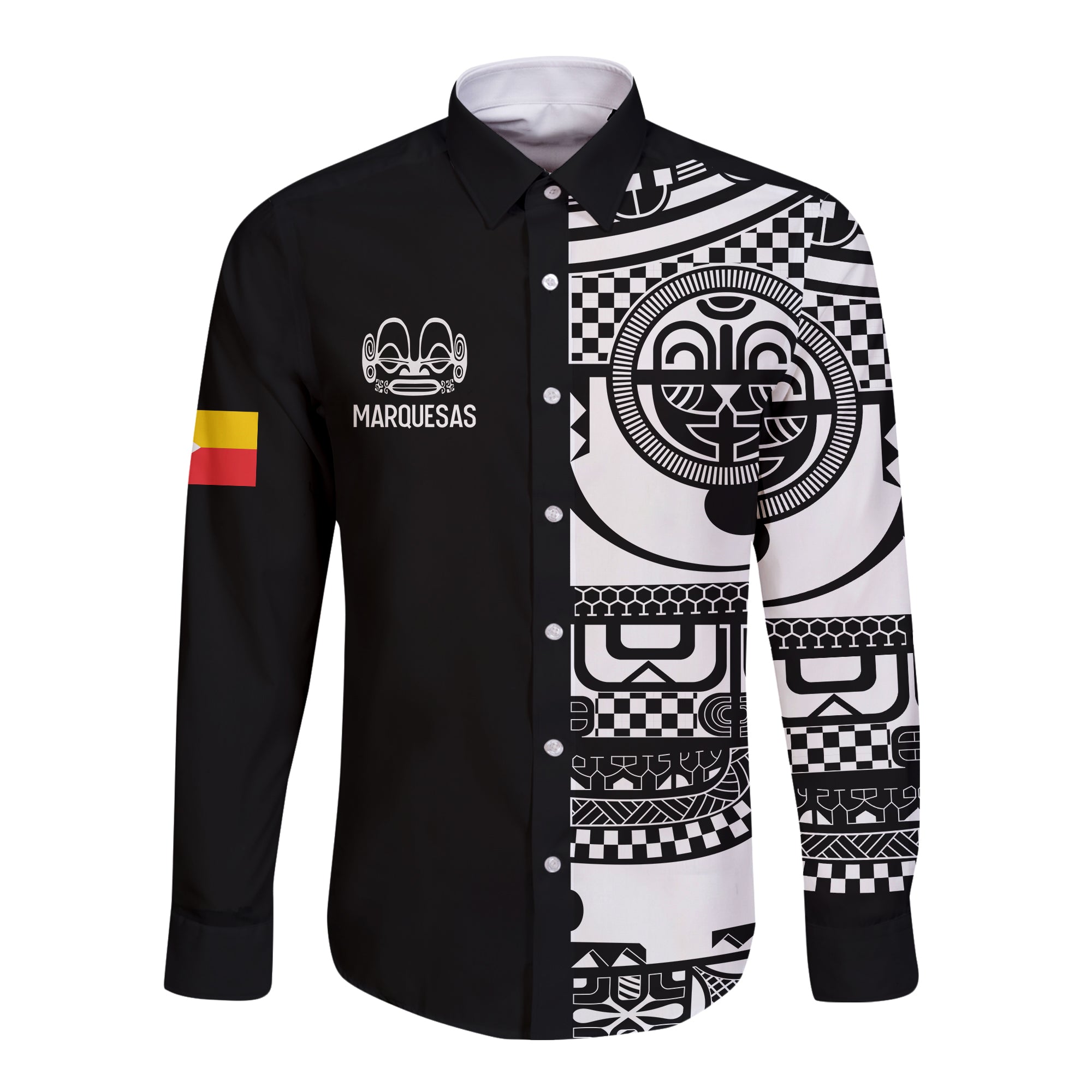 Marquesas Islands Tiki Long Sleeve Button Shirt Marquesan Tattoo LT13 Unisex Black - Polynesian Pride