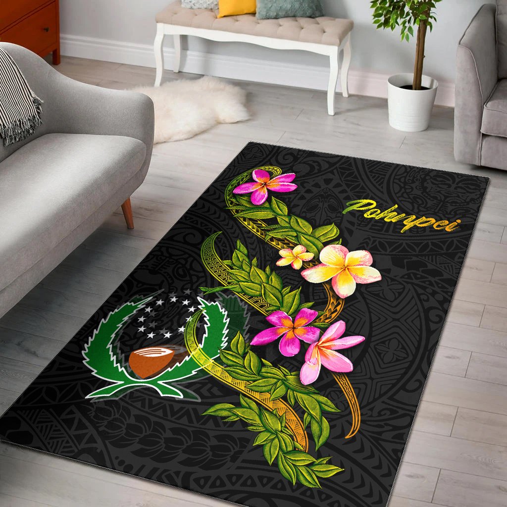 Pohnpei Polynesian Area Rug - Plumeria Tribal Black - Polynesian Pride