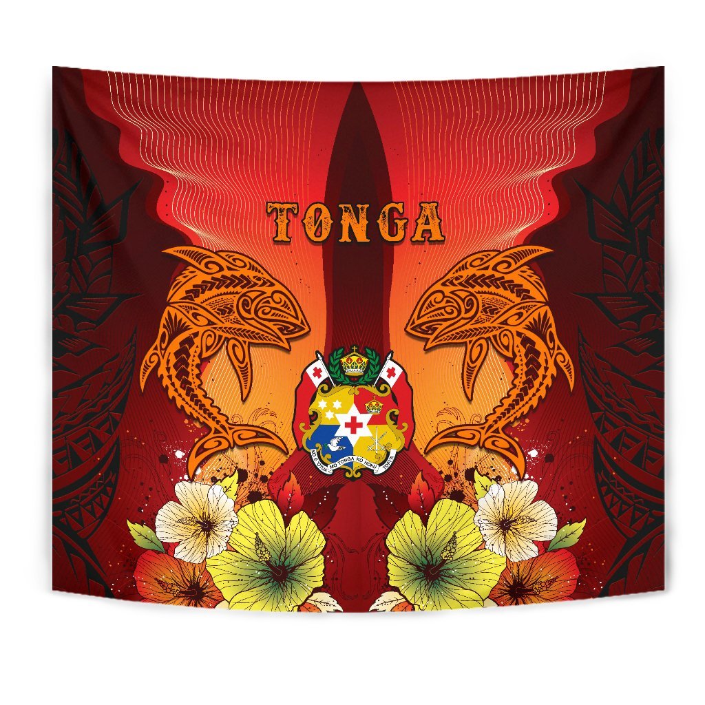 Tonga Tapestries - Tribal Tuna Fish Wall Tapestry Orange - Polynesian Pride