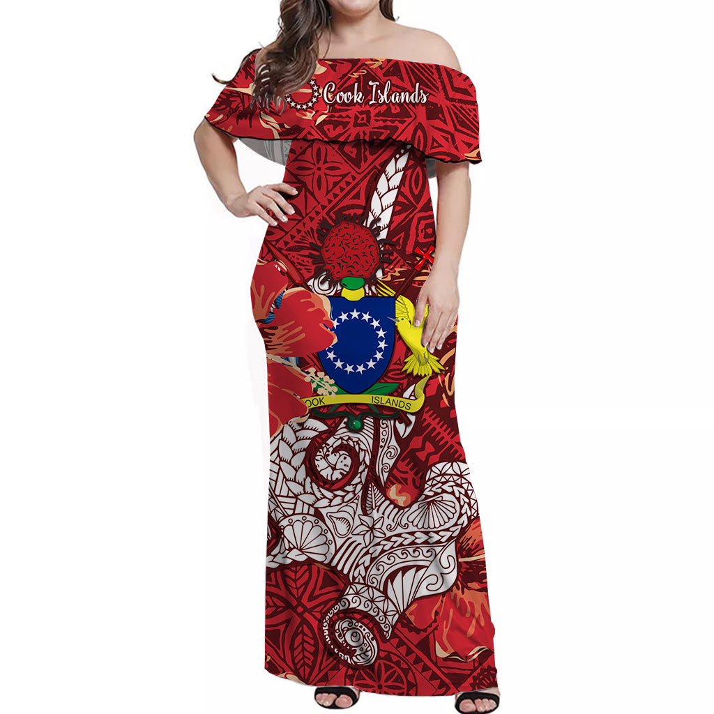 Cook Islands Off Shoulder Long Dress Hammerhead Shark Red LT13 Long Dress Red - Polynesian Pride