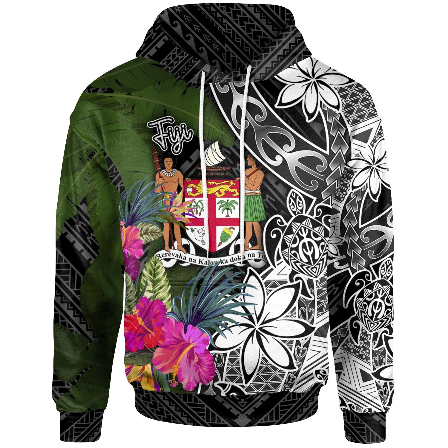 Fiji Hoodie Turtle Plumeria Banana Leaf Crest Unisex Black - Polynesian Pride