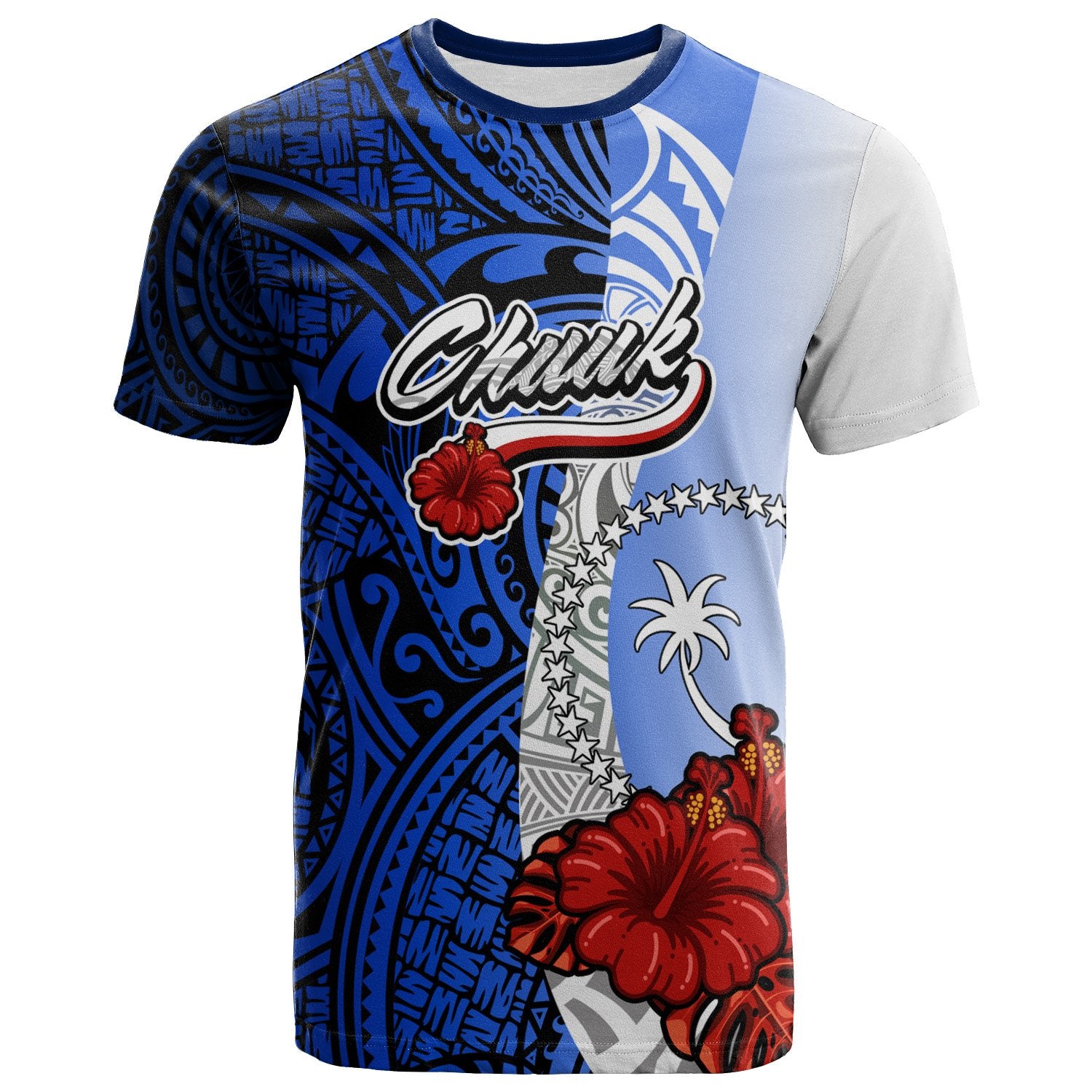 Chuuk Micronesia T Shirt Coat of Arm With Hibiscus Blue Unisex Blue - Polynesian Pride