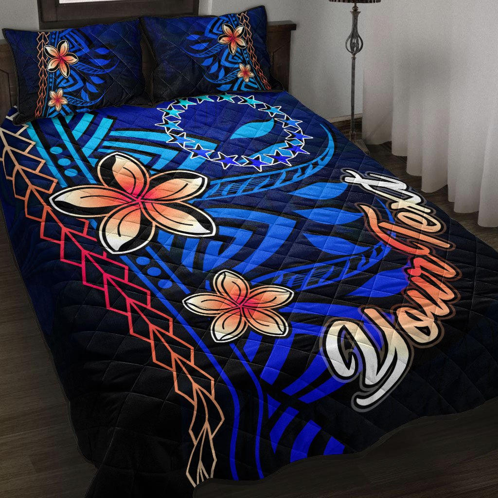 Cook Islands Custom Personalised Quilt Bed Set - Vintage Tribal Moutain Blue - Polynesian Pride