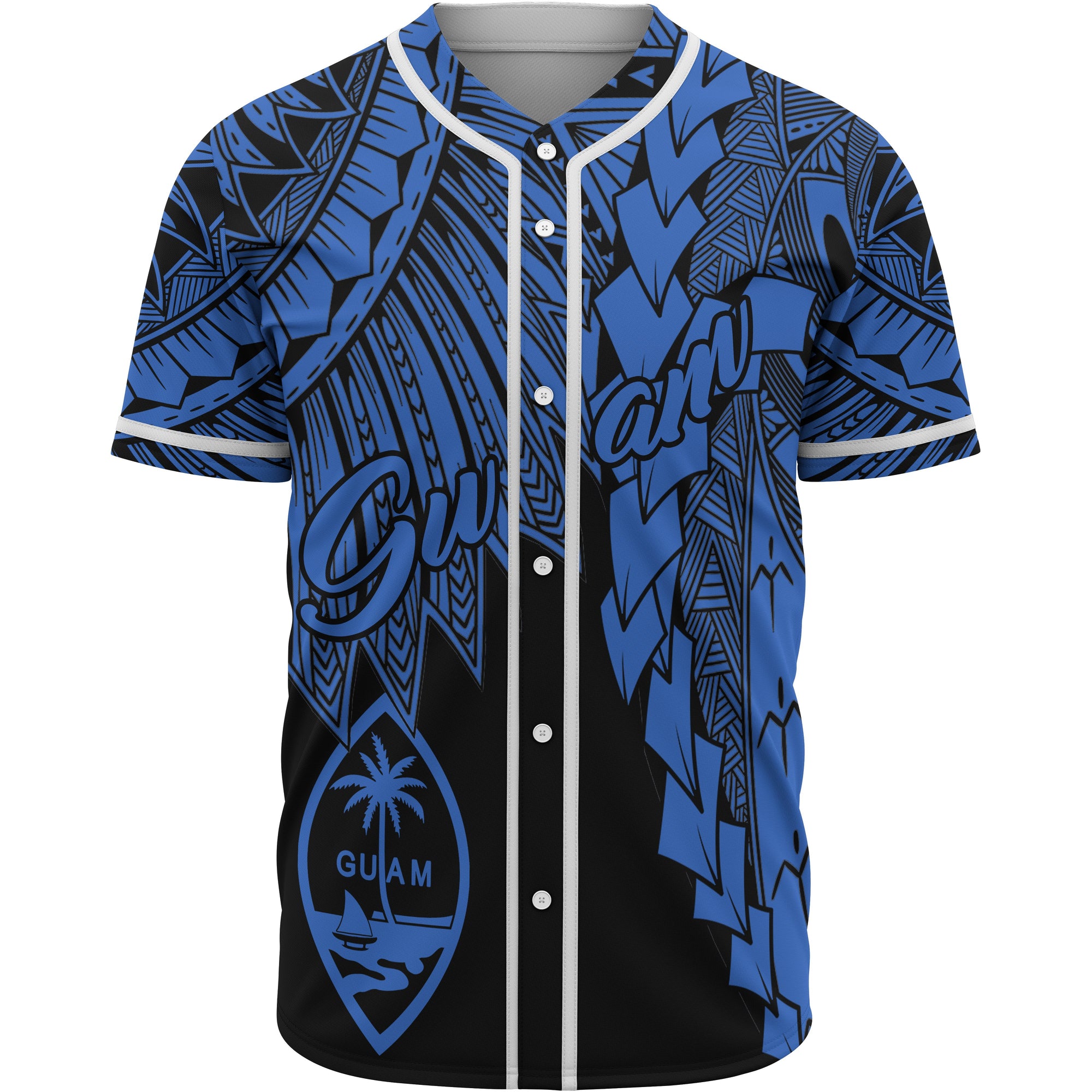 Guam Polynesian Baseball Shirt - Tribal Wave Tattoo Blue Unisex Blue - Polynesian Pride