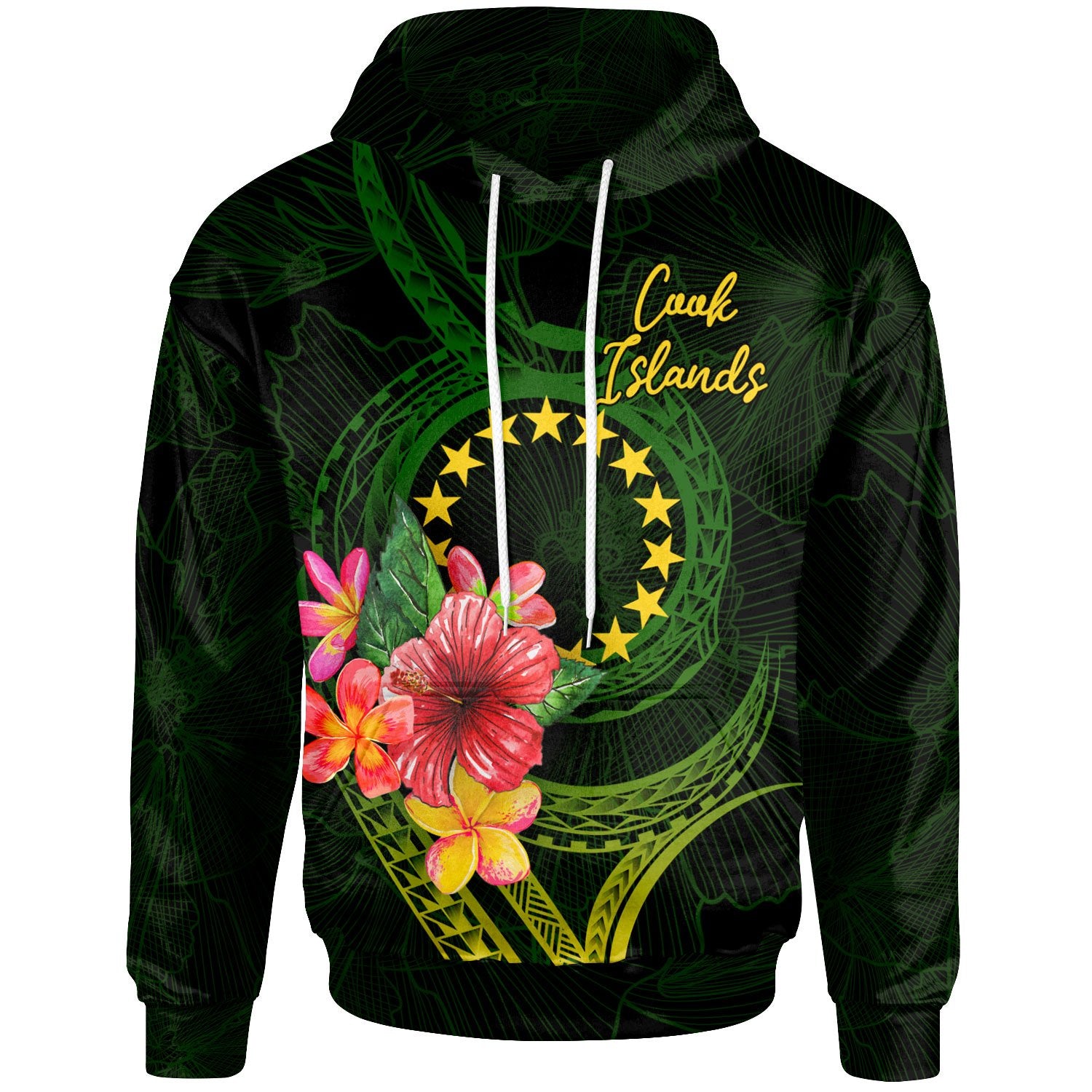 Cook Islands Polynesian Hoodie Floral With Seal Flag Color Unisex Green - Polynesian Pride