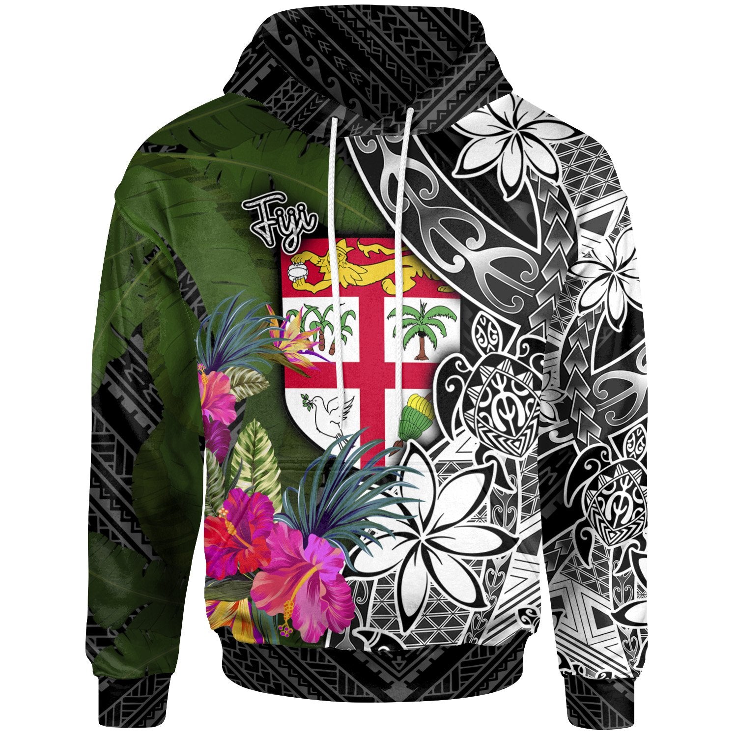 Fiji Hoodie Turtle Plumeria Banana Leaf Unisex Black - Polynesian Pride