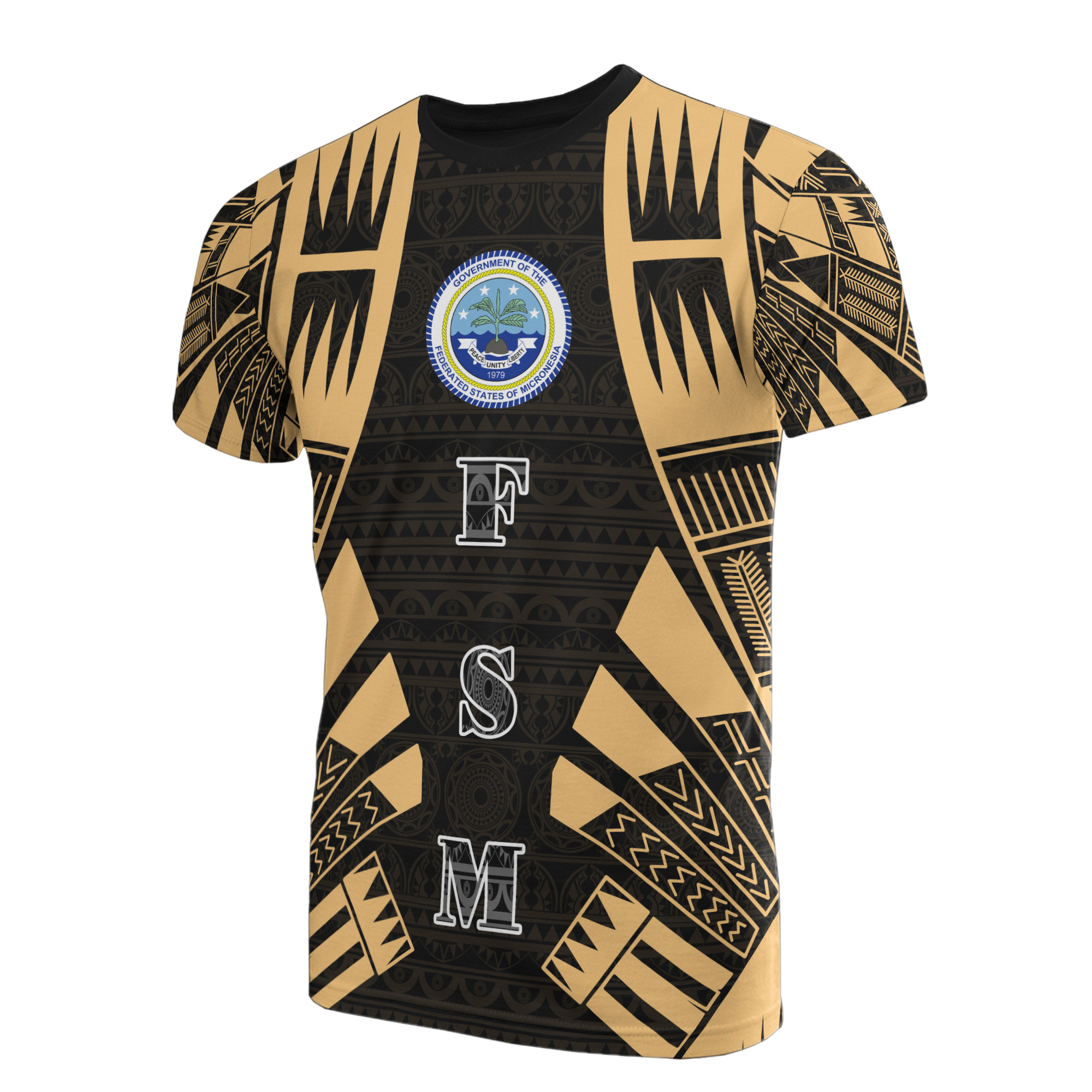 Federated States of Micronesia T Shirt F S M Seal Polynesian Tattoo Gold Style Unisex Black-Gold - Polynesian Pride