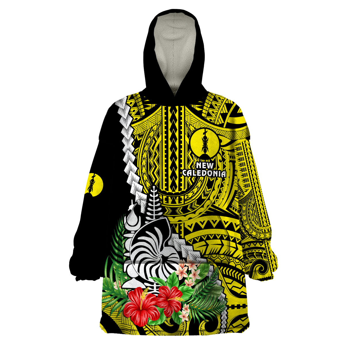 New Caledonia Polynesian Coat Of Arms Mix Tropical Flowers Wearable Blanket Hoodie LT14 Unisex One Size - Polynesian Pride