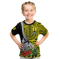 New Caledonia Polynesian Coat Of Arms Mix Tropical Flowers Kid T Shirt LT14 Youth XL Size14 - Polynesian Pride