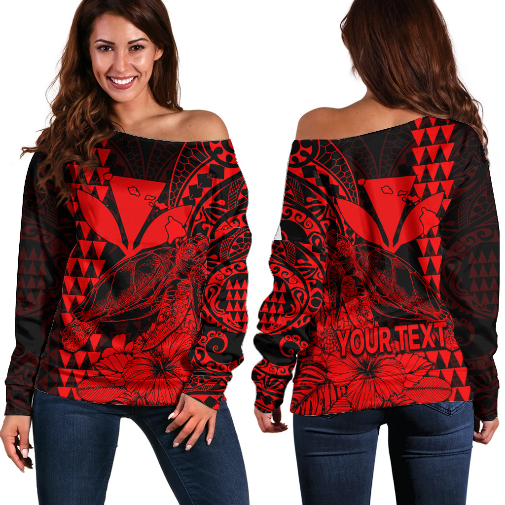 (Custom Personalised) Kakau Polynesian Tribal Hawaiian Turtle with Kanaka Maoli Red Off Shoulder Sweater LT9 Women Red - Polynesian Pride