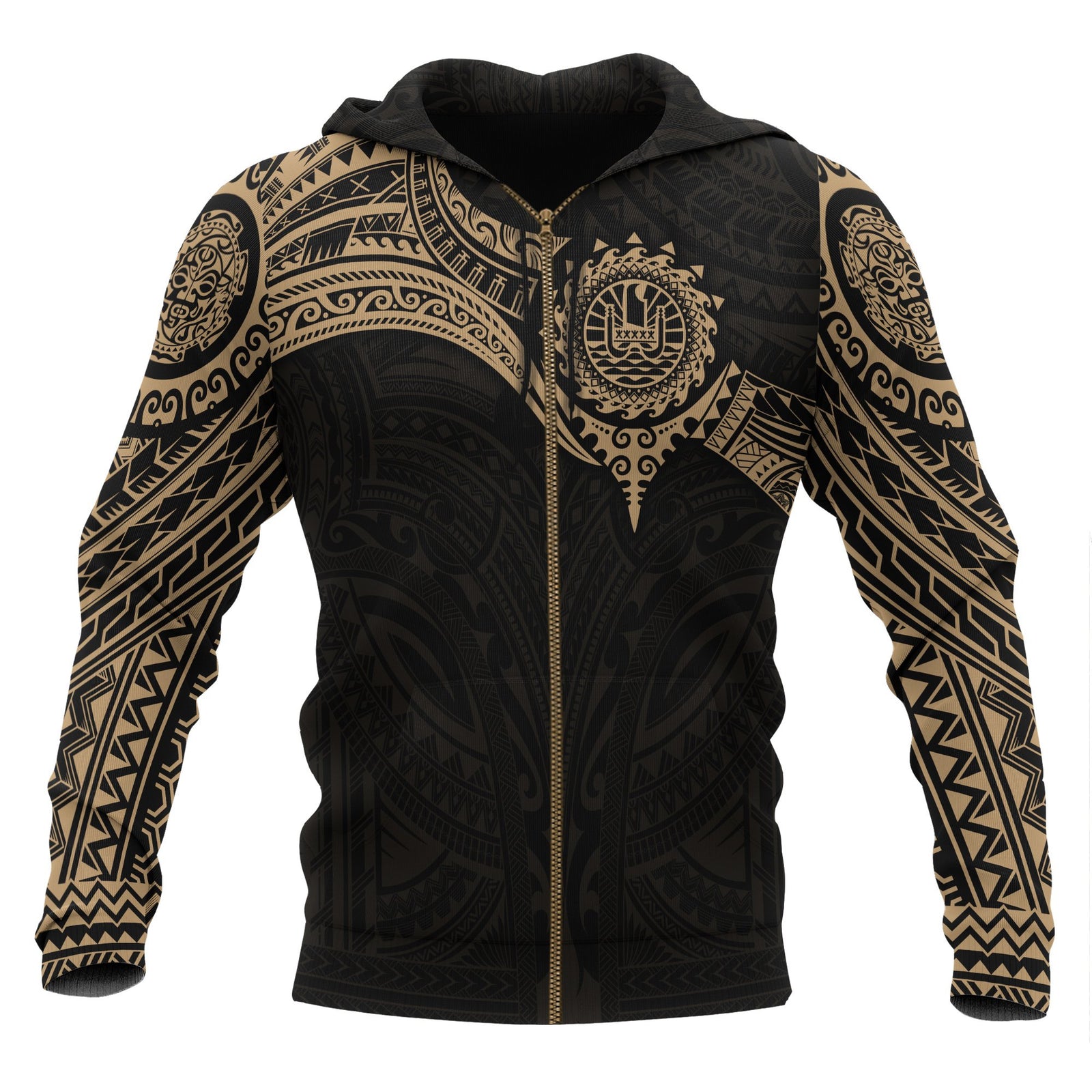 Tahiti Polynesian Zip up Hoodie Gold Heart Shield Unisex GOLD - Polynesian Pride