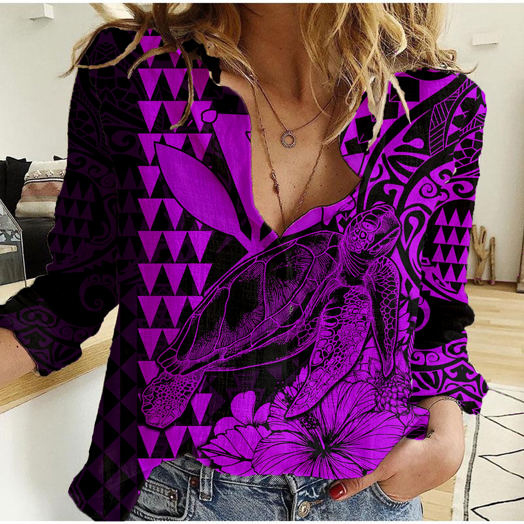 (Custom Personalised) Kakau Polynesian Tribal Hawaiian Turtle with Kanaka Maoli Purple Women Casual Shirt LT9 Female Purple - Polynesian Pride