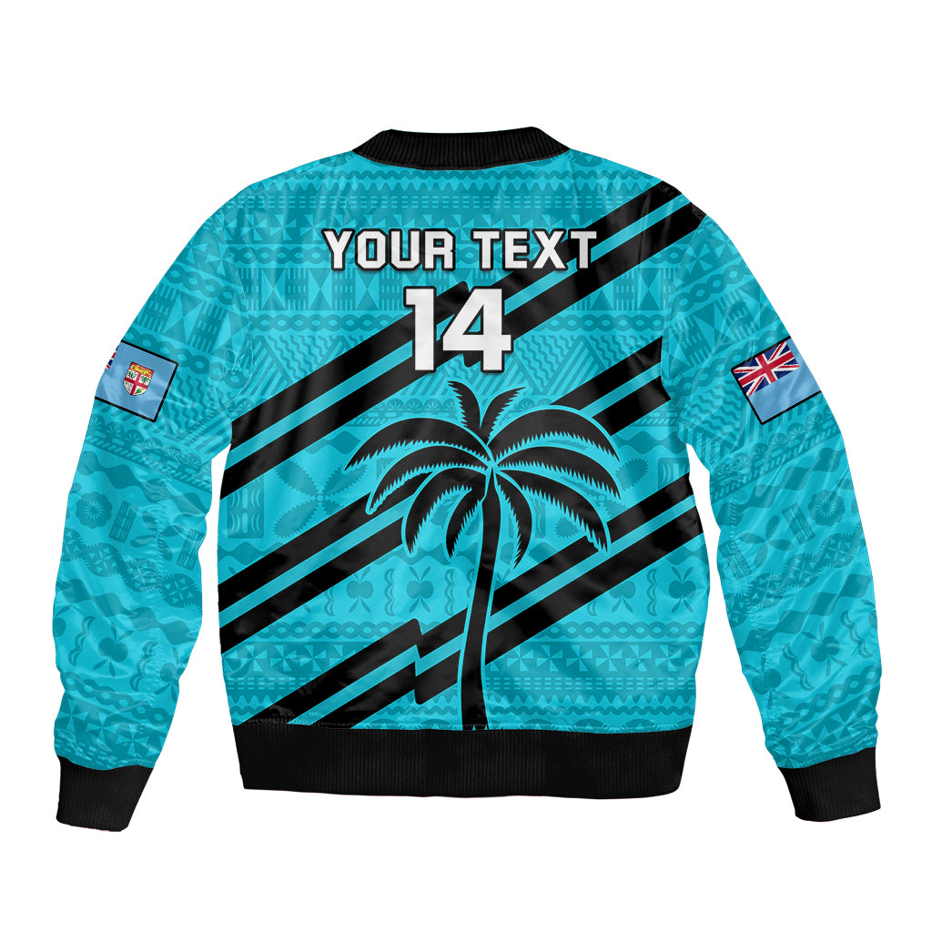 (Custom Text And Number) Fiji Rugby Tapa Pattern Fijian 7s Cyan Bomber Jacket LT14 - Polynesian Pride